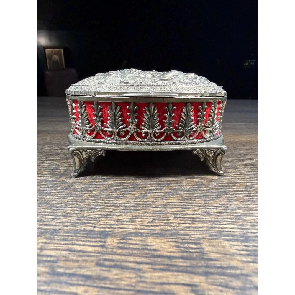 Vintage Metal‎ Jewelry Casket with Red Velvet Interior